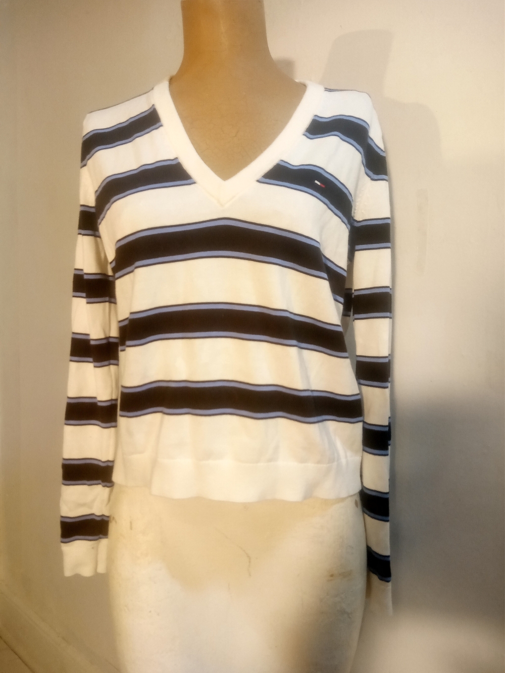 Tommy Hilfiger White V-Neck Sweater with Navy & Light Blue Stripes
